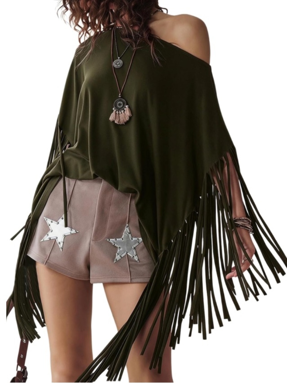 NWT Olive Green Fringe Poncho Top Boho Western Festival Oversized Sz Medium